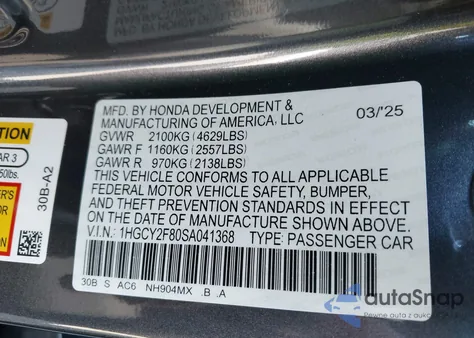 2025 Honda Accord Hybrid Touring from USA, damaged, VIN 1HGCY2F80SA041368